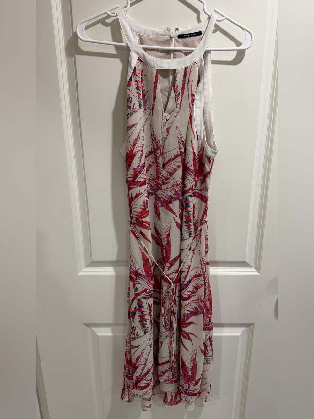 Tahari Tropical Leaf Print Midi Dress Size 12 Pink White Belted Summer Dress